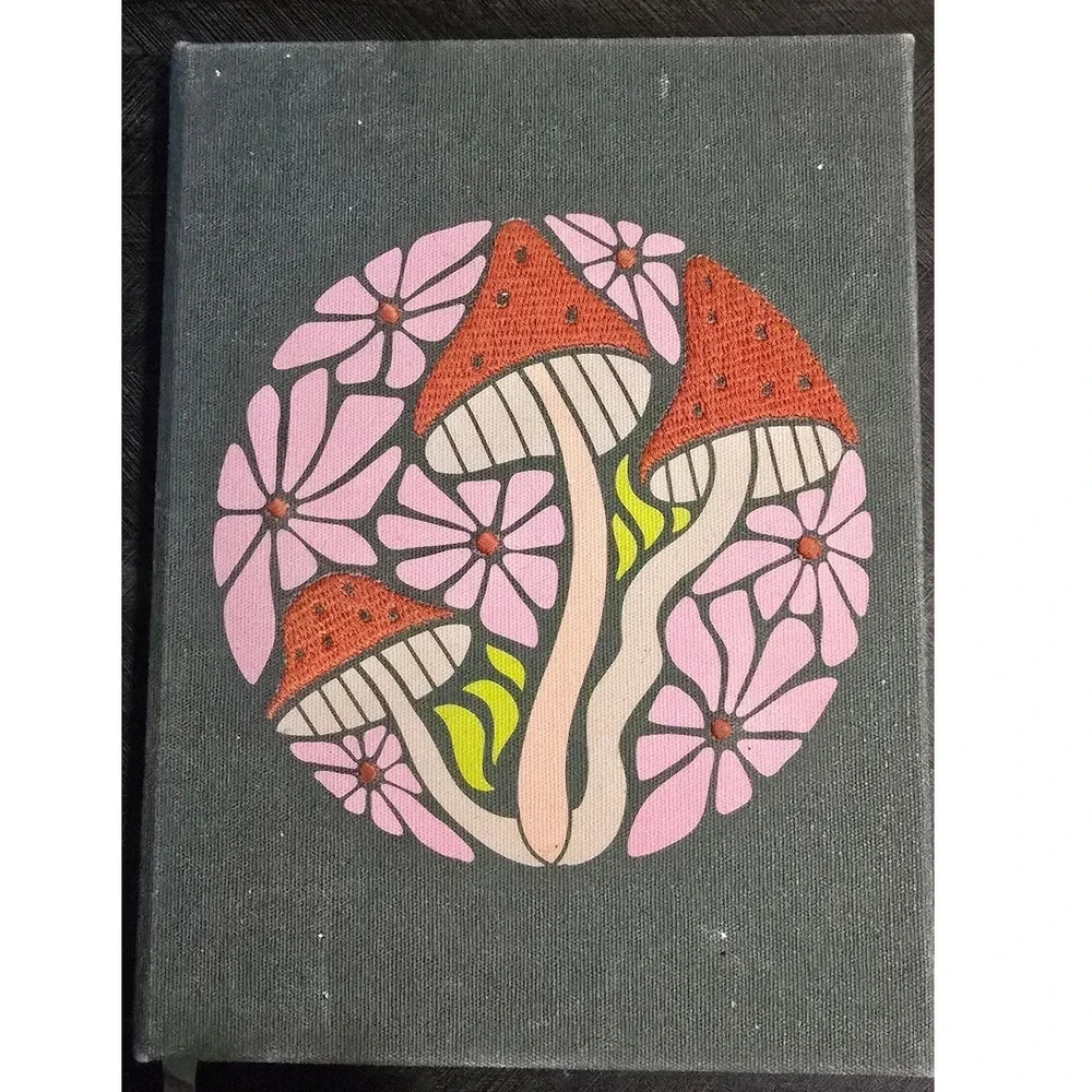 Mushroom Floral Canvas Hardcover Lined Journal Green Pink Orange Boho Notebook